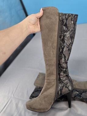 Impo Taupe Suede Over-the-Knee Boot with Snakeskin Back Panel